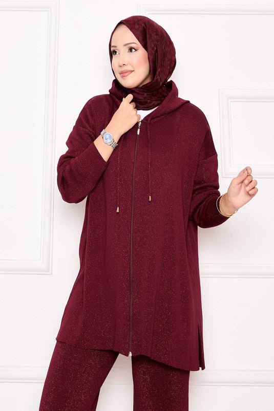 Gold Glitter Zippered Hooded Knitwear Two-Piece Set Burgundy
