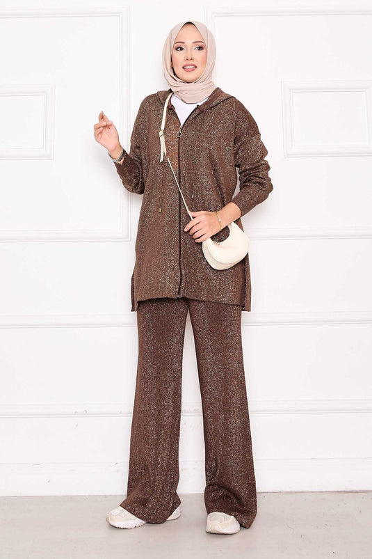 Ensemble deux pièces pull à capuche zippé à paillettes dorées marron
