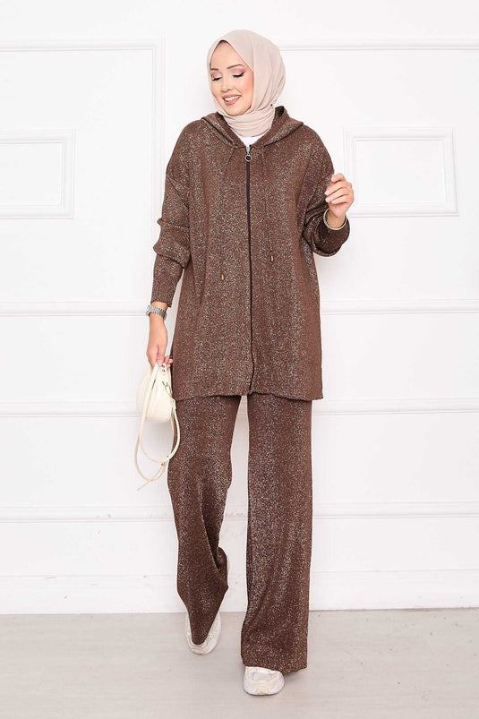 Ensemble deux pièces pull à capuche zippé à paillettes dorées marron