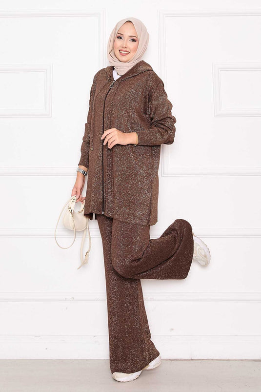 Ensemble deux pièces pull à capuche zippé à paillettes dorées marron