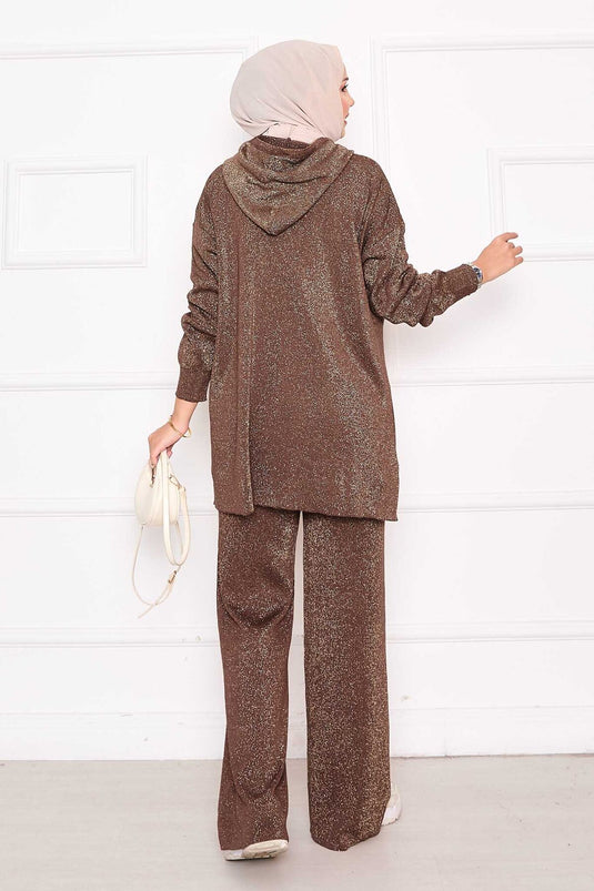 Ensemble deux pièces pull à capuche zippé à paillettes dorées marron