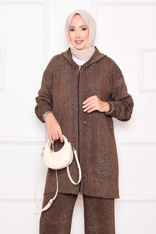 Ensemble deux pièces pull à capuche zippé à paillettes dorées marron