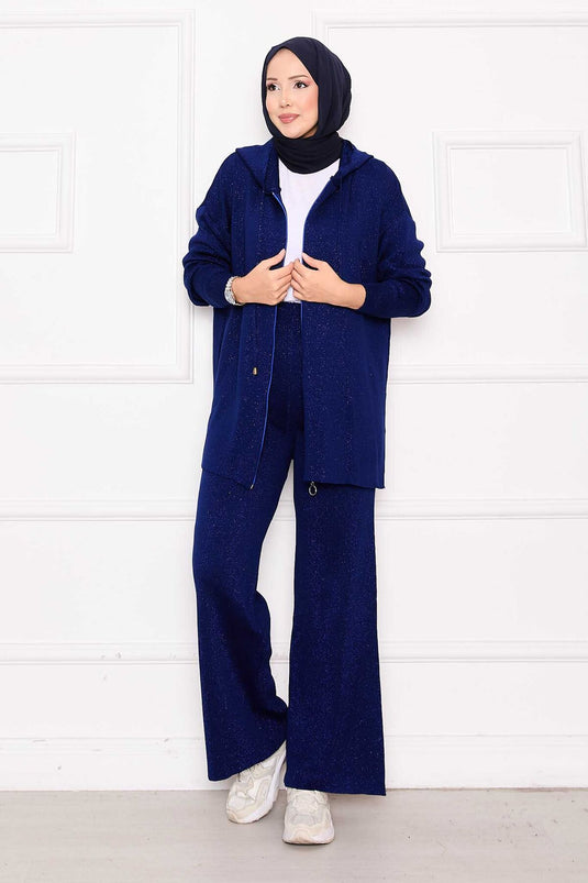 Gold Glitter Zippered Hooded Knitwear Two Piece Set Navy Blue