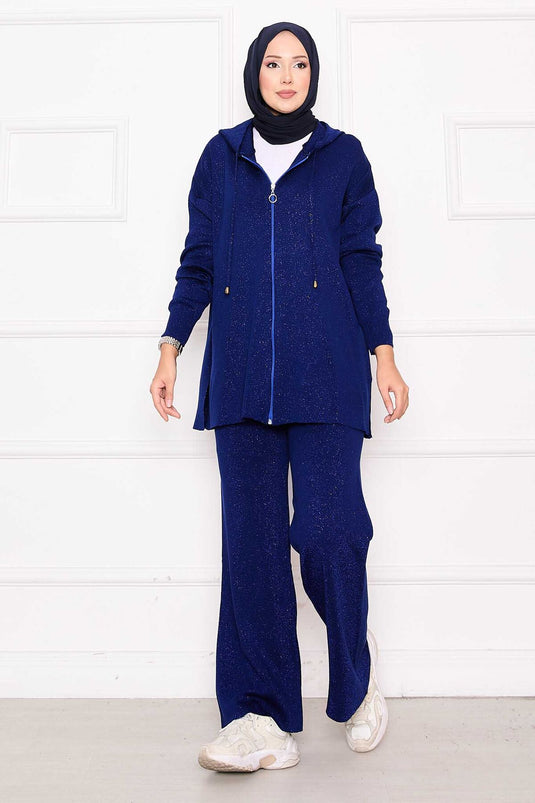 طقم من قطعتين من الملابس المحبوكة بغطاء للرأس وسحاب لامع ذهبي، أزرق داكن