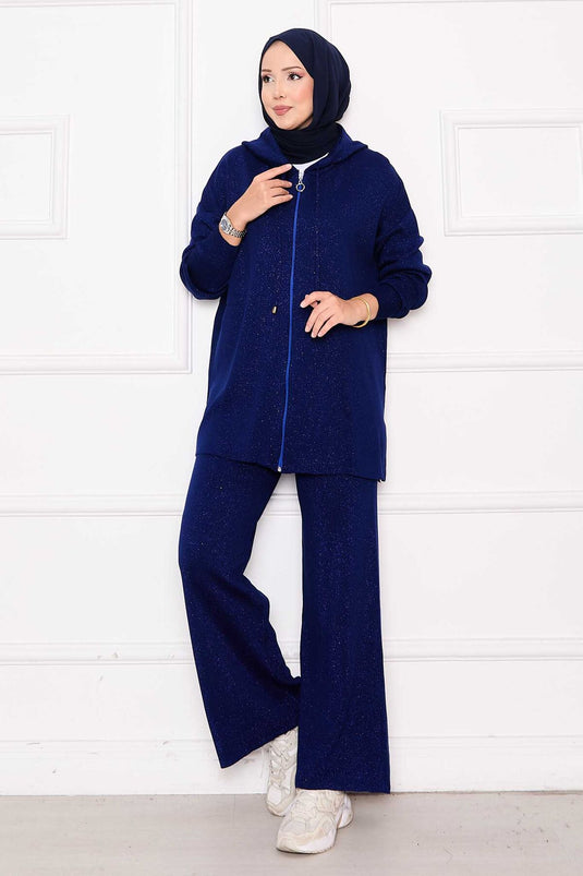 طقم من قطعتين من الملابس المحبوكة بغطاء للرأس وسحاب لامع ذهبي، أزرق داكن