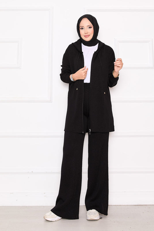 Gold Glitter Zippered Hooded Sweater Two Piece Set Black