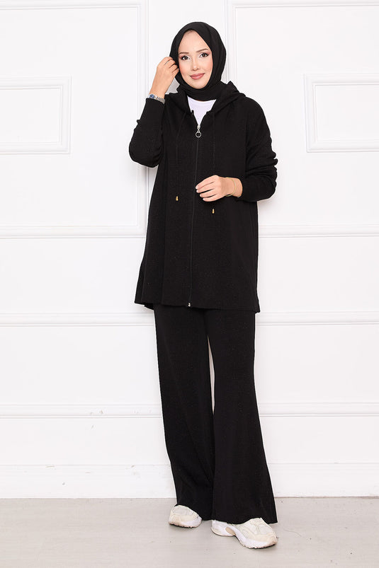 Gold Glitter Zippered Hooded Sweater Two Piece Set Black