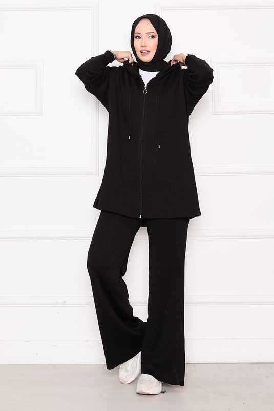 Gold Glitter Zippered Hooded Sweater Two Piece Set Black