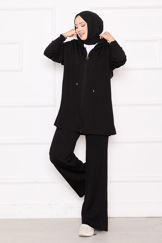 Gold Glitter Zippered Hooded Sweater Two Piece Set Black