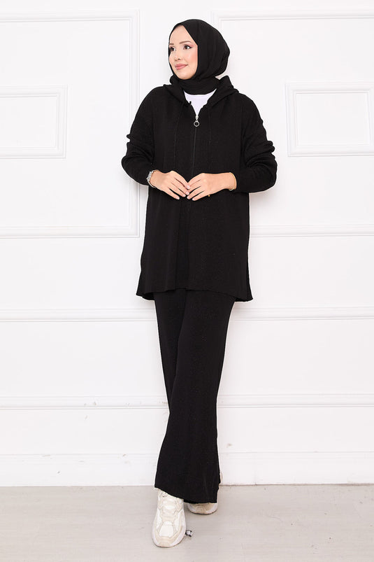 Gold Glitter Zippered Hooded Sweater Two Piece Set Black