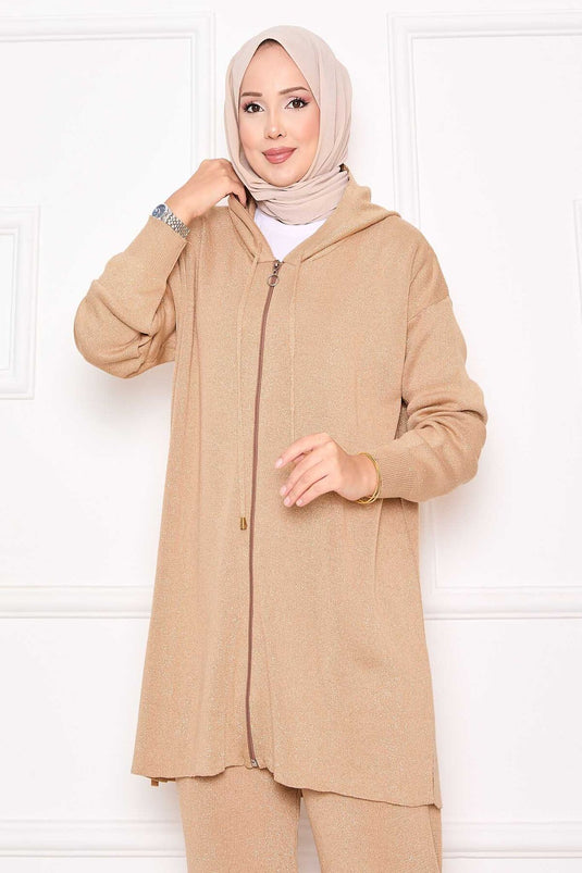 Gold Glitter Zippered Hooded Sweater Two Piece Set TEN