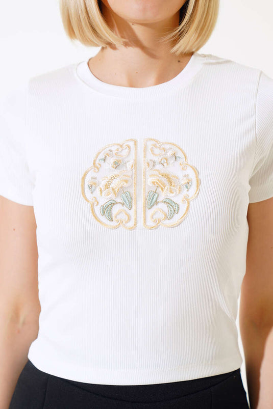 T-shirt écru brodé d'or