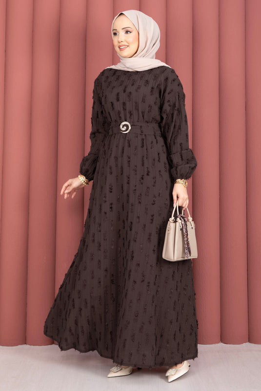 Gold Buckle Belted Embroidered Dress Brown