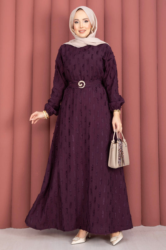 Gold Buckle Belted Embroidered Dress Plum