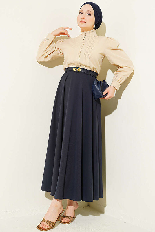 Jupe Mevlana Bleu Marine Avec Ceinture Toka Dorée