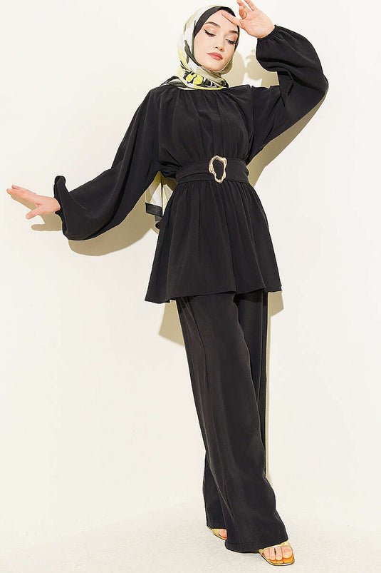Ensemble double en modal noir avec ceinture élastique et boucle dorée