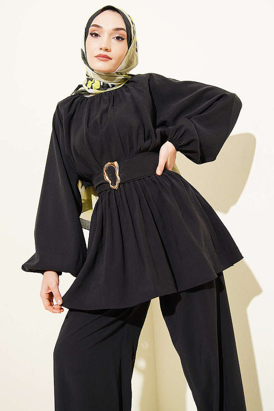 Ensemble double en modal noir avec ceinture élastique et boucle dorée