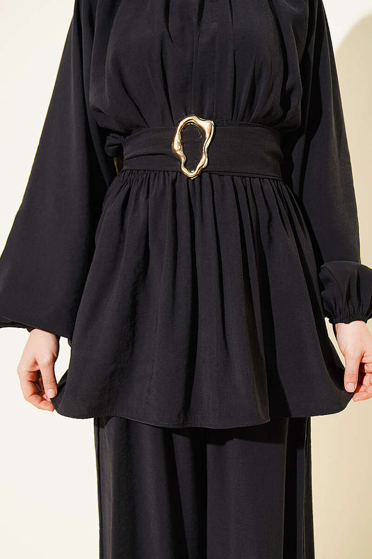Ensemble double en modal noir avec ceinture élastique et boucle dorée