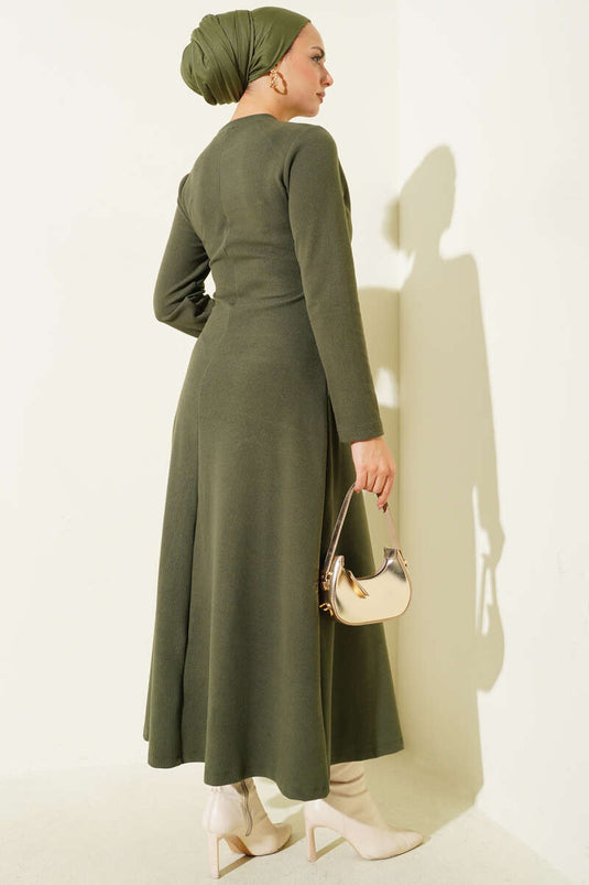 Khaki Corduroy Dress with Gold Buckle