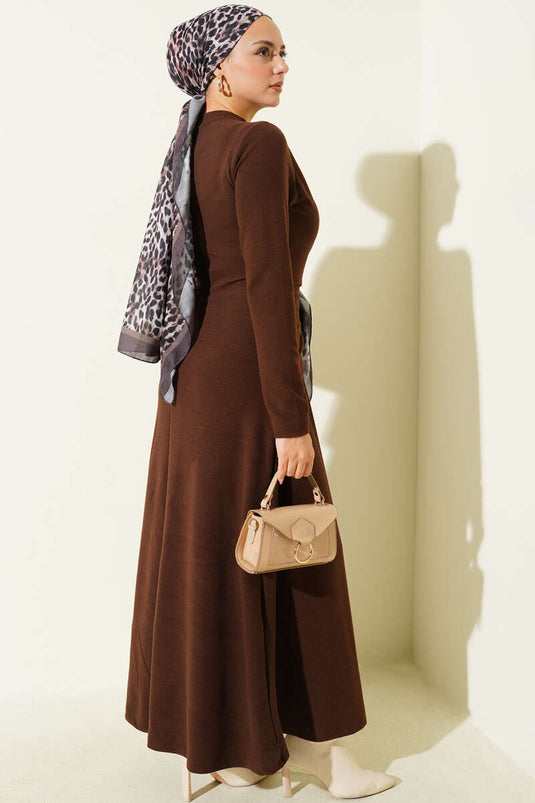 Gold Buckle Corduroy Dress in Brown