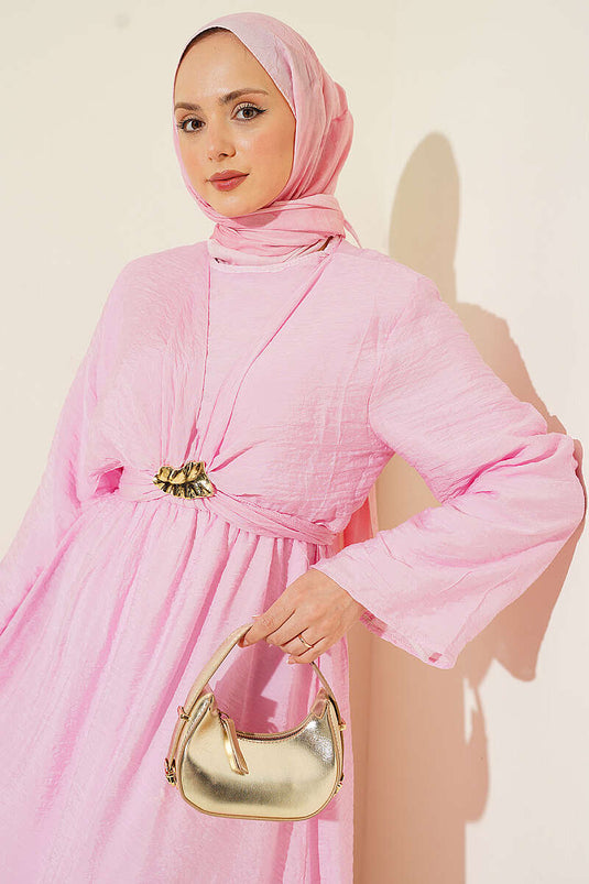Gold Tokalı Önü Bağlamalı Elbise Pembe