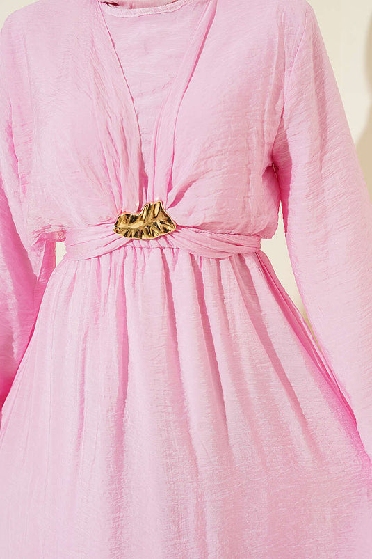 Gold Tokalı Önü Bağlamalı Elbise Pembe