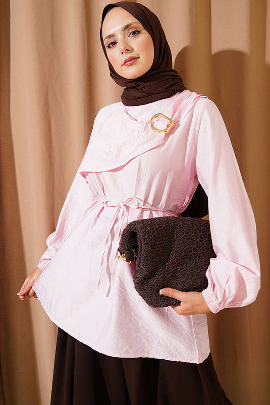 Gold Tokalı Pelerinli Tunik Pembe
