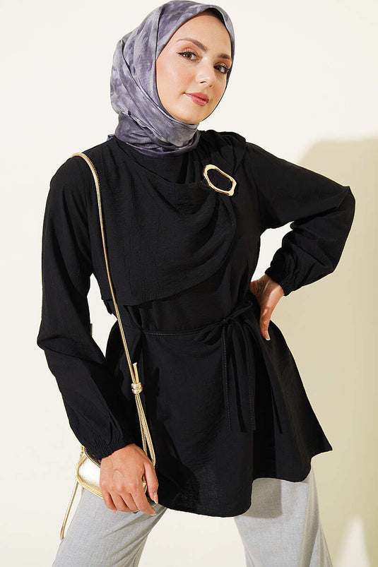 Gold Tokalı Pelerinli Tunik Siyah