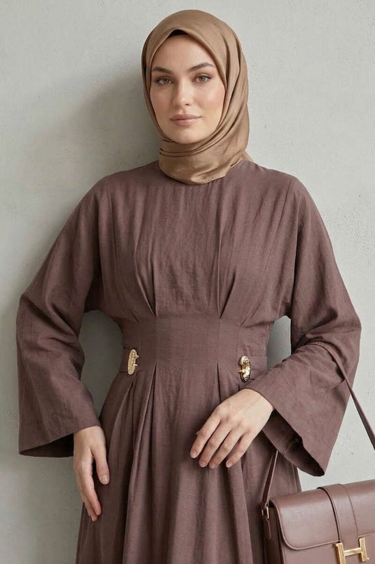 Dress with Gold Buckle Pin Detail Brown