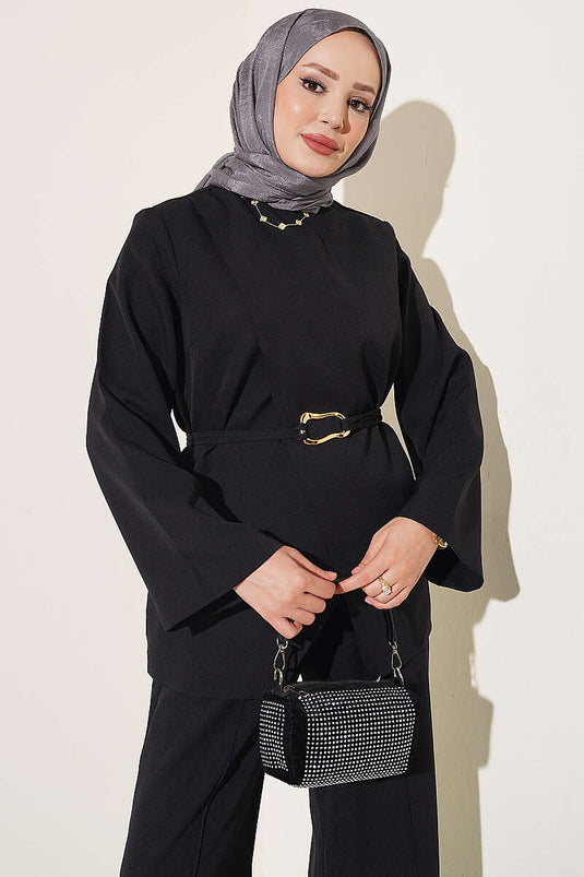 Gold Buckle Pendant Detail Two-Piece Set Black