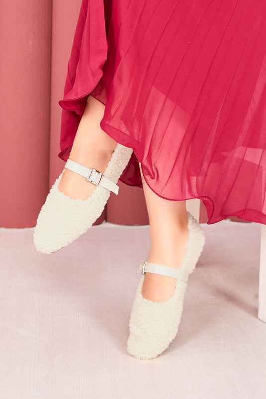 Ballerines Teddy beiges à boucle dorée