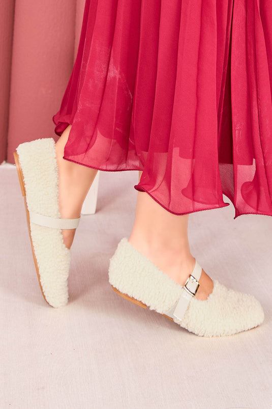 Ballerines Teddy beiges à boucle dorée