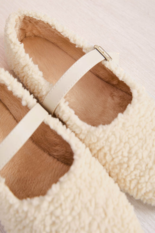 Ballerines Teddy beiges à boucle dorée