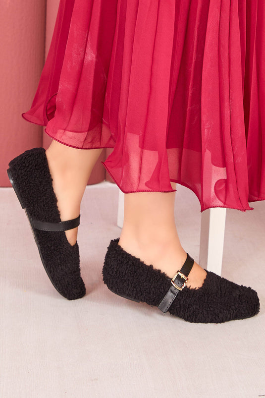 Ballerines Teddy noires à boucle dorée