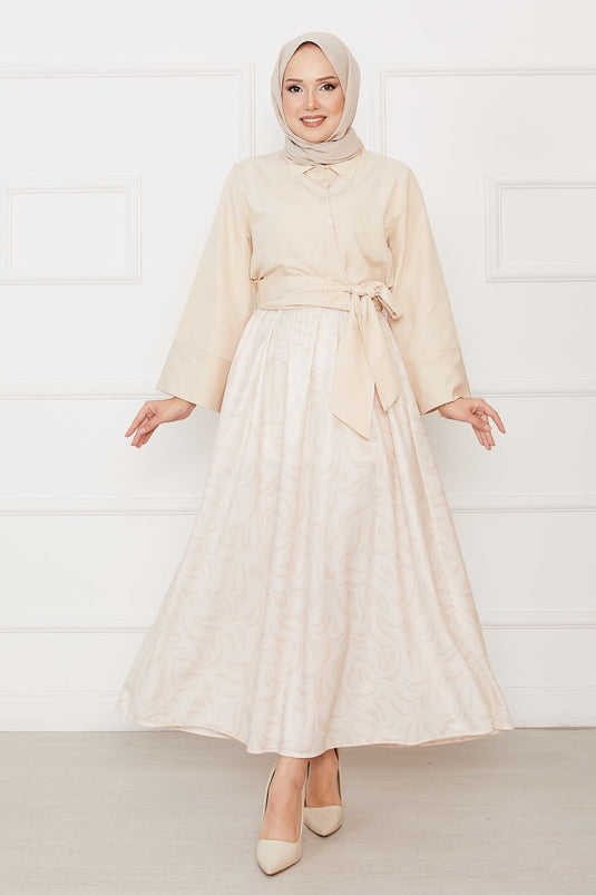Self-Belted Shirt Wide Sleeve Skirted Suit Beige