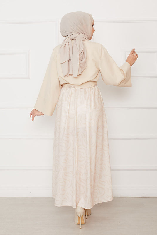 Self-Belted Shirt Wide Sleeve Skirted Suit Beige