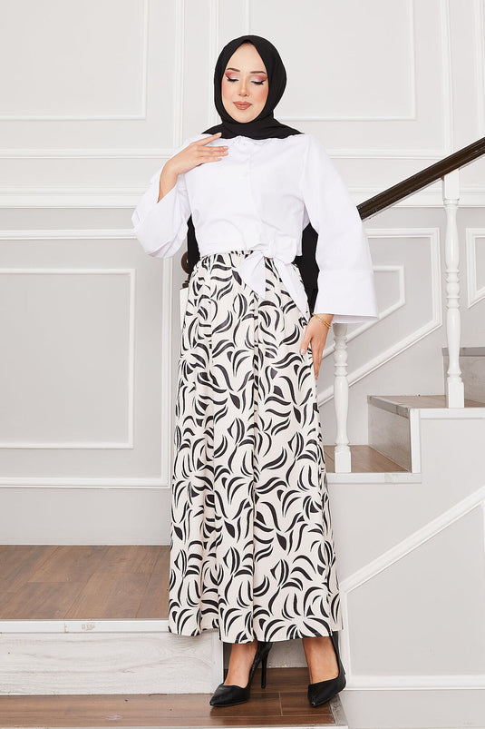 Chemise avec ceinture et jupe à manches larges, tailleur blanc