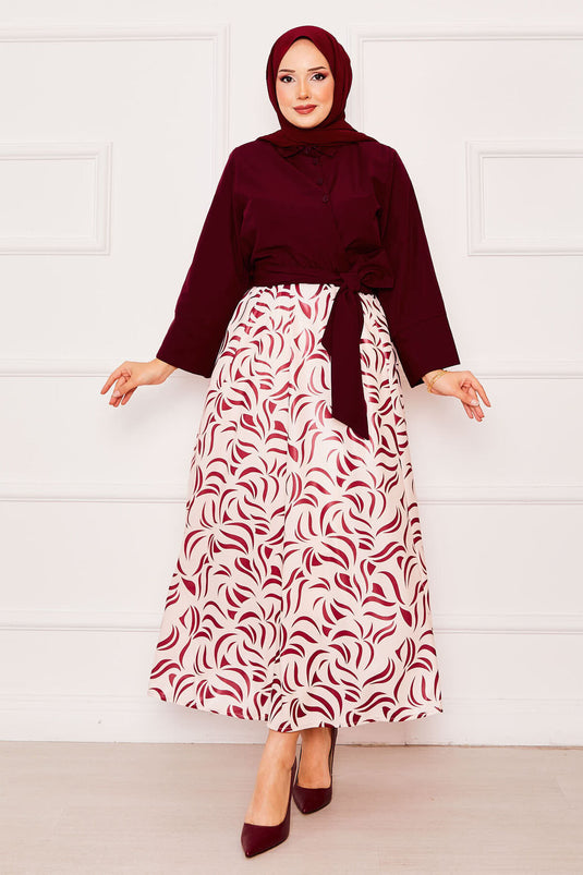 Chemise Ceinturée À Manches Larges Et Jupe De Costume Rouge Bordeaux