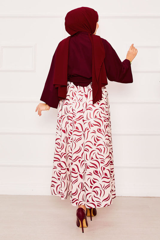 Gömleği Kendinden Kuşaklı Geniş Kol Etekli Takım Bordo