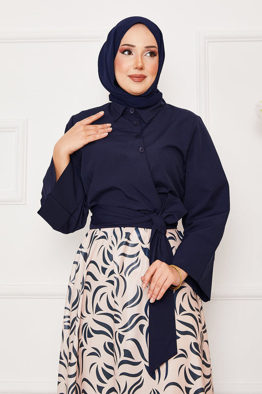 Chemise avec jupe à manches larges et ceinture intégrée bleu marine