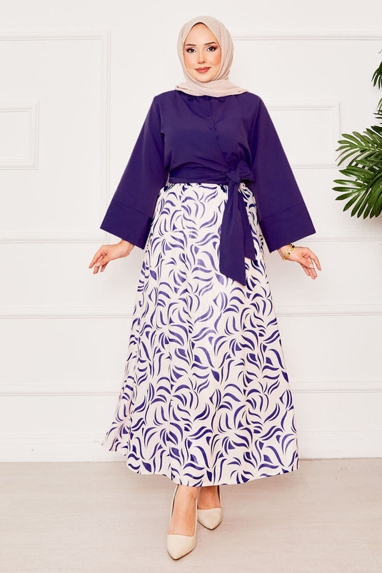 بدلة تنورة بأكمام واسعة وقميص بحزام ذاتي، بنفسجية