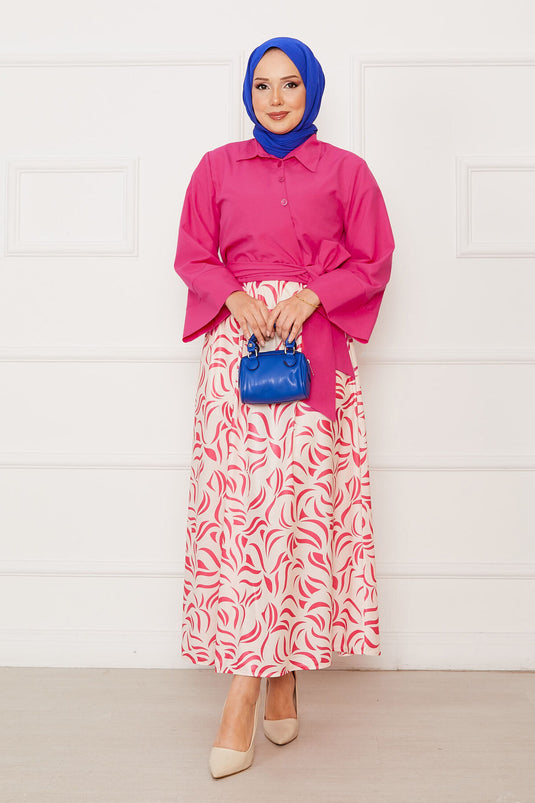 Self-Belted Shirt Wide Sleeve Skirt Suit Pink