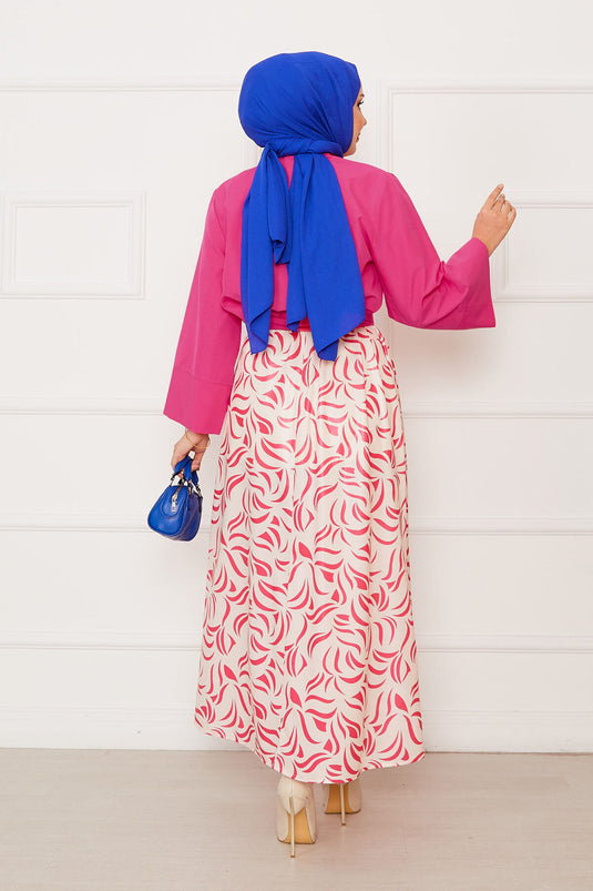 Self-Belted Shirt Wide Sleeve Skirt Suit Pink