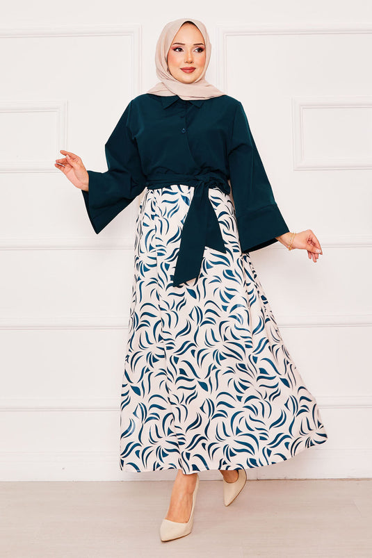 Chemise ceinturée et tailleur à manches larges et jupe, pétrole