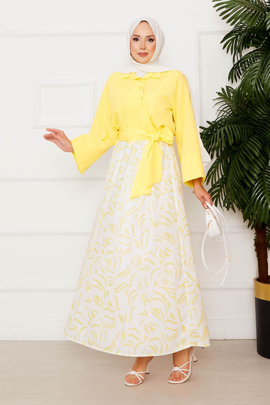 Chemise avec ceinture et jupe à manches larges, tailleur jaune