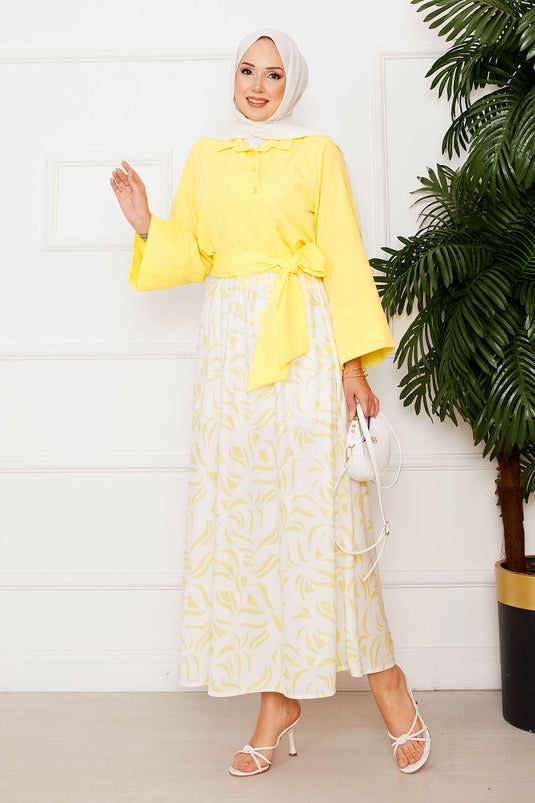Chemise avec ceinture et jupe à manches larges, tailleur jaune