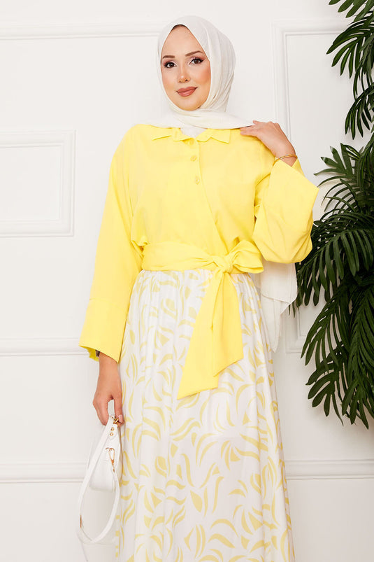 Chemise avec ceinture et jupe à manches larges, tailleur jaune