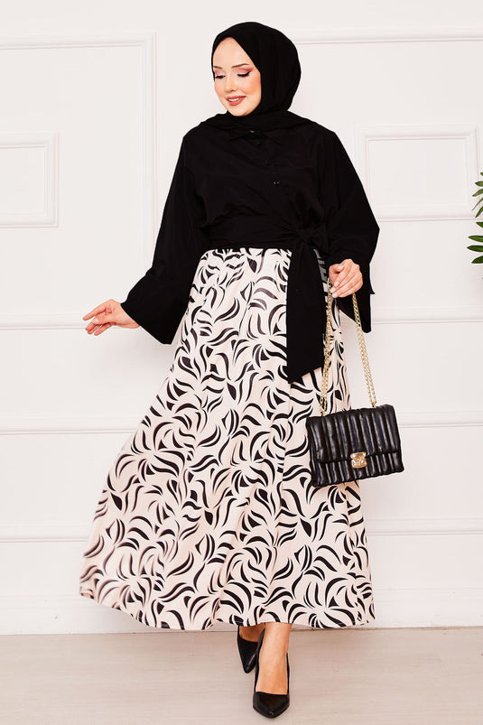 Ensemble chemise et jupe à manches larges avec ceinture intégrée, noir