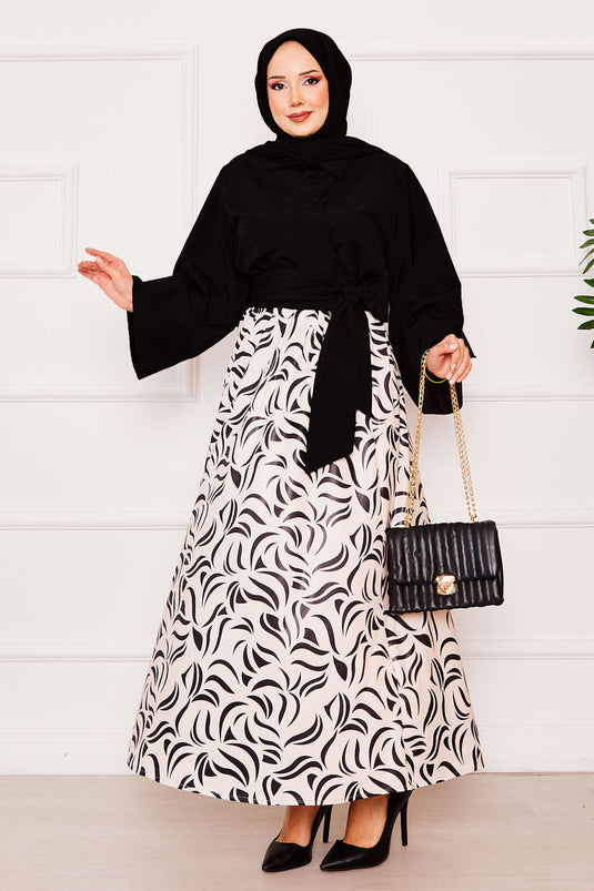 Gömleği Kendinden Kuşaklı Geniş Kol Etekli Takım Siyah