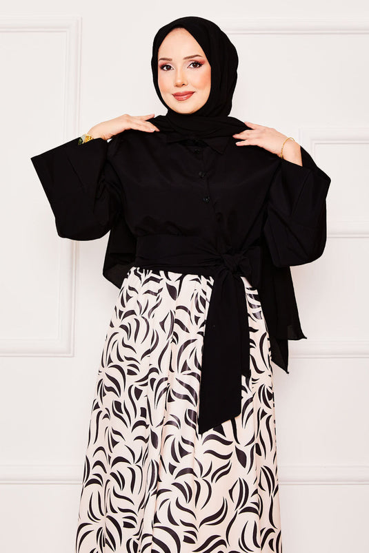 Gömleği Kendinden Kuşaklı Geniş Kol Etekli Takım Siyah